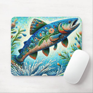 Lachs Jumping Mosaic Floral Blue Green Peach Mousepad