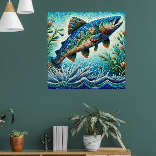 Lachs Jumping Mosaic Floral Blue Green Peach Poster