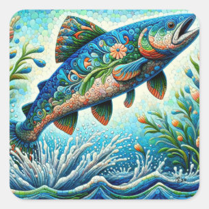 Lachs Jumping Mosaic Floral Blue Green Peach Quadratischer Aufkleber