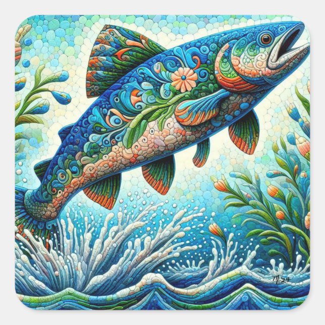 Lachs Jumping Mosaic Floral Blue Green Peach Quadratischer Aufkleber (Vorderseite)