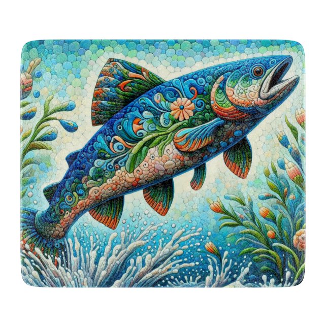 Lachs Jumping Mosaic Floral Blue Green Peach Schneidebrett (Vorderseite)