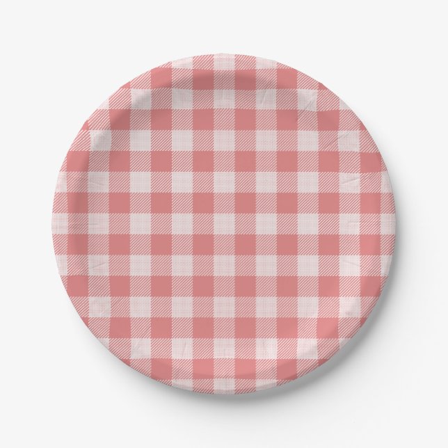 Lachs Pink Gingham Karierte Papierplatte Pappteller (Vorderseite)