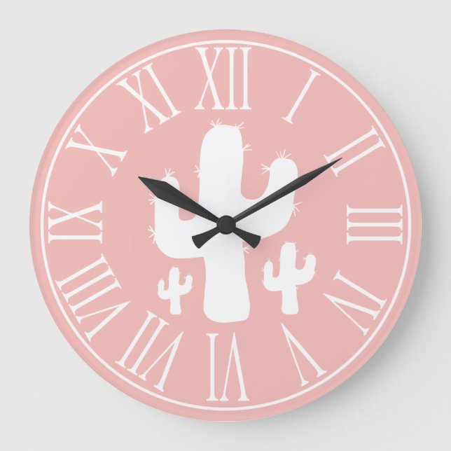 Lachs Pink & White Cactus Silhouette Große Wanduhr (Vorderseite)