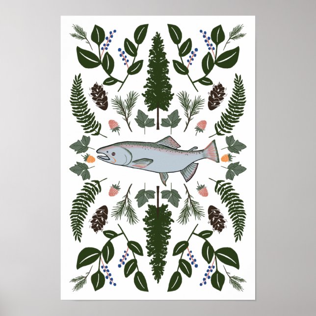 Lachs PNW Nature Fir Ferns Berries Forest Forage Poster (Vorne)
