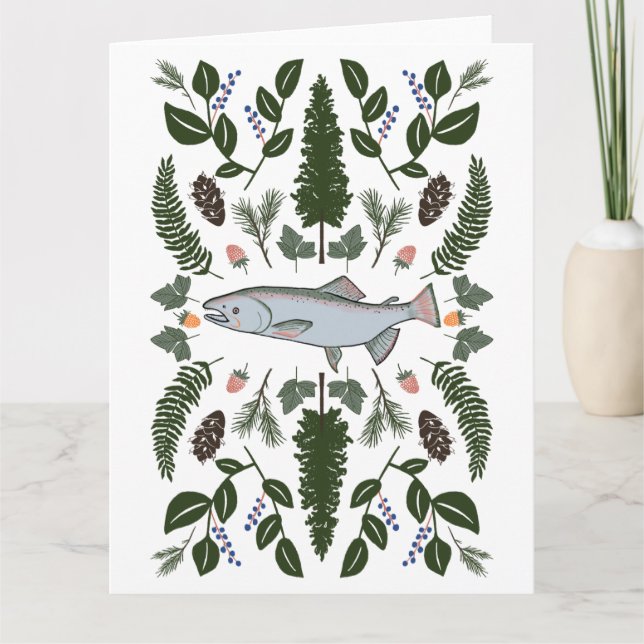 Lachs PNW Nature Fir Ferns Berries Fressfest Karte (Vorderseite)