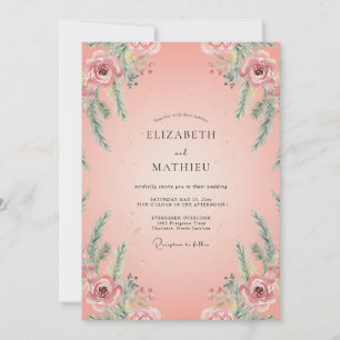 Lachs-Ranunculus-Blattwerk-Eukalyptus-Hochzeit Einladung