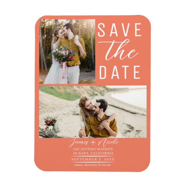 Lachs Rosa Orange 2 Fotos Save the Date Hochzeit Magnet (Vertikal)