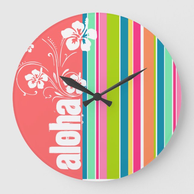 Lachs Rosa und Meeresgrund Streifen: Aloha Große Wanduhr (Vorderseite)