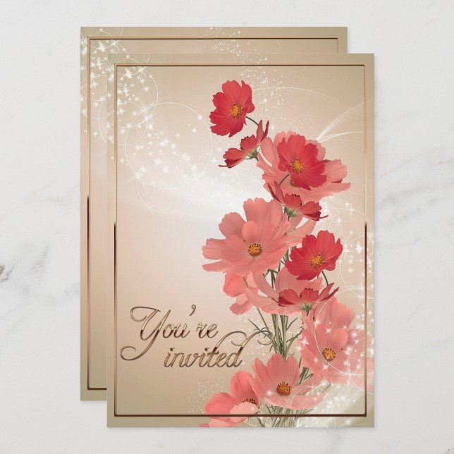 Lachs & Rote Blume/Goldtrimmung Einladung (Vorne/Hinten)