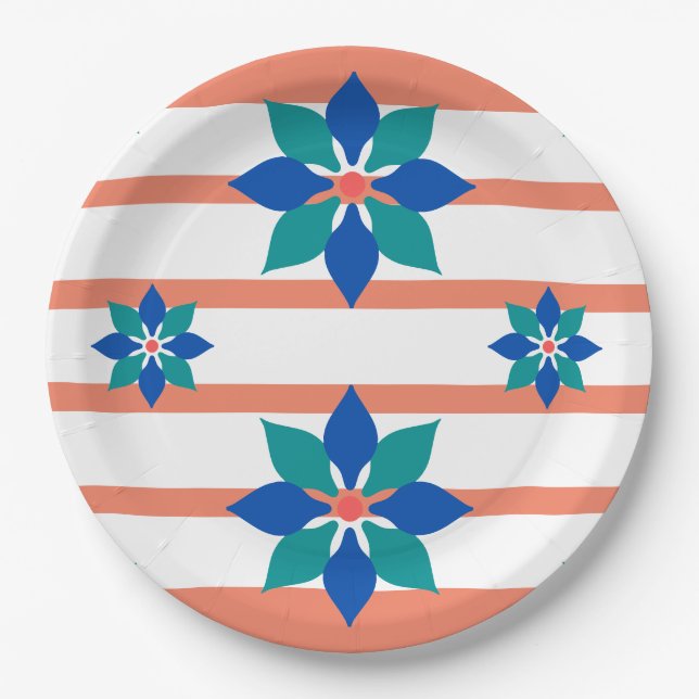 Lachs Rote und weiße Streifen und blaue Blumen Pappteller (Vorderseite)