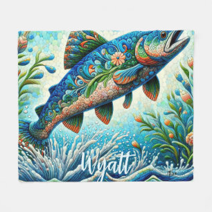 Lachs Springender Mosaik Blumen Blau Personalisier Fleecedecke