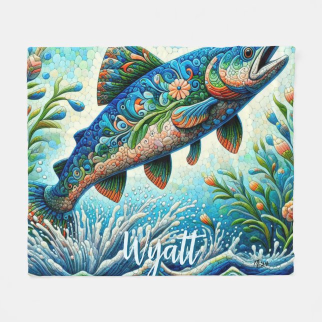 Lachs Springender Mosaik Blumen Blau Personalisier Fleecedecke (Vorderseite (Horizontal))