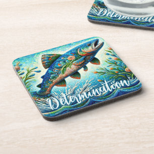 Lachs Springender Mosaik Blumen Blau Personalisier Getränkeuntersetzer