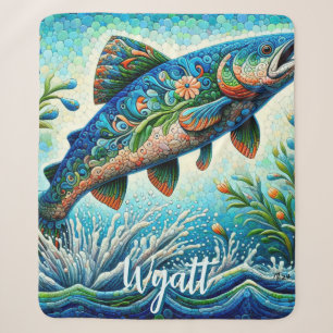Lachs Springender Mosaik-Blumen Blau Personalisier Sherpadecke