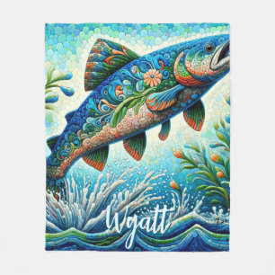Lachs Springender Mosaik-Blumenmuster Blau Persona Fleecedecke