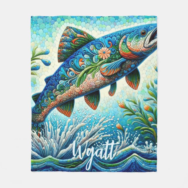 Lachs Springender Mosaik-Blumenmuster Blau Persona Fleecedecke (Vorderseite)