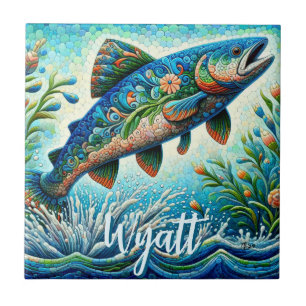 Lachs Springender Mosaik-Blumenmuster Blau Persona Fliese