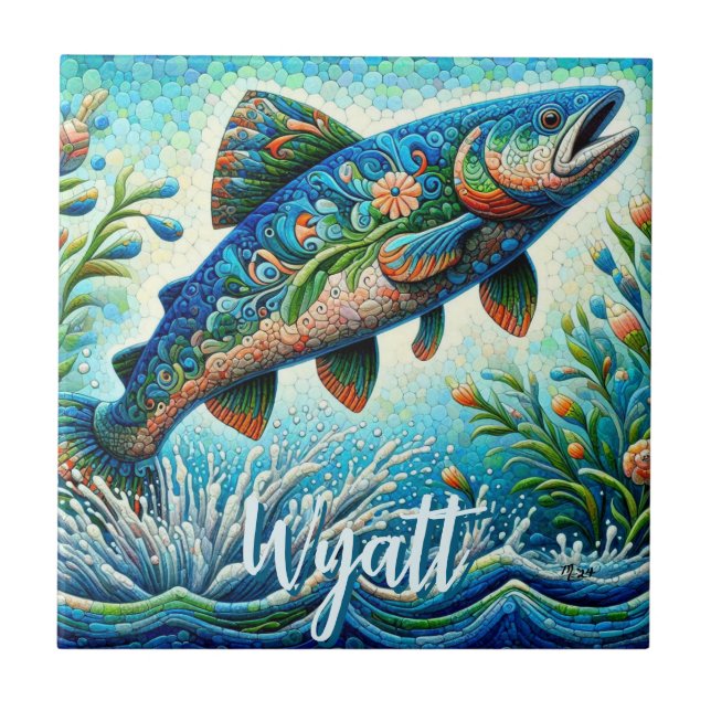 Lachs Springender Mosaik-Blumenmuster Blau Persona Fliese (Vorderseite)