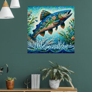 Lachs Springender Mosaik-Blumenmuster Blau Persona Poster