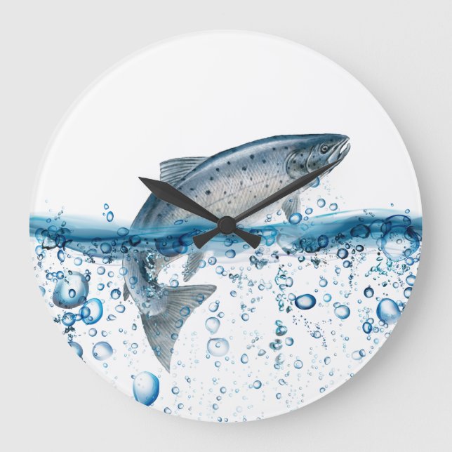 Lachs springt aus Wasser Große Wanduhr (Vorderseite)