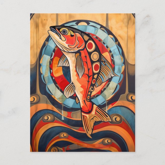 Lachs-Totem – Reise im Deco-Stil Postkarte (Vorderseite)