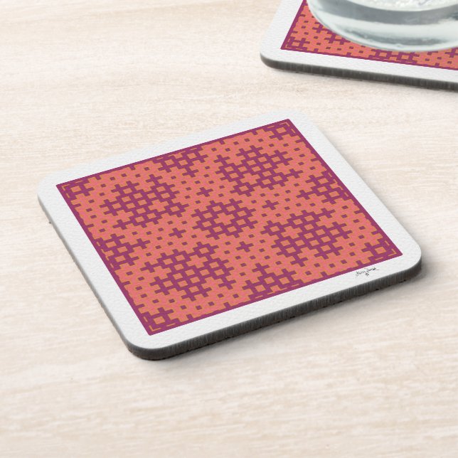 Lachs und Fuchsia Hitomezashi geometrische Fliese Getränkeuntersetzer (Linke Seite)