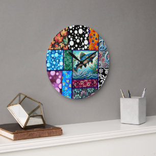Lachs Verrückte Patchwork-Blumen-Whimsical-Bunt Große Wanduhr
