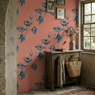 Lachs Vintage Aquarell Blaue Blumen Streifen Tapete