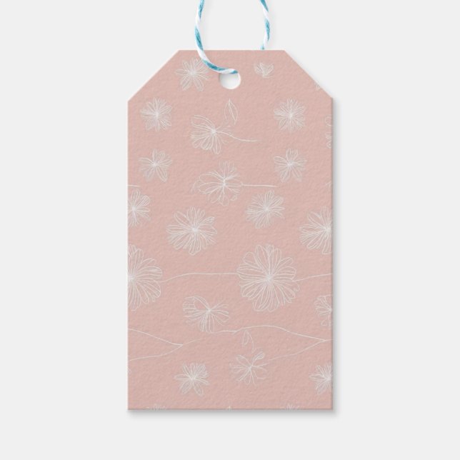 Lachsrosa mit einem zarten, weißen, floralen Vinta Geschenkanhänger (Vorderseite)