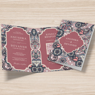 Lachsrosa Paisley-Muster QR-Code Indische Hochzeit Einladung
