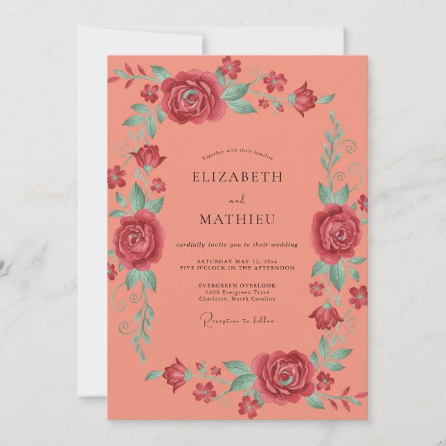 Lachsrosa Rosenhochzeit Einladung (Vorderseite)