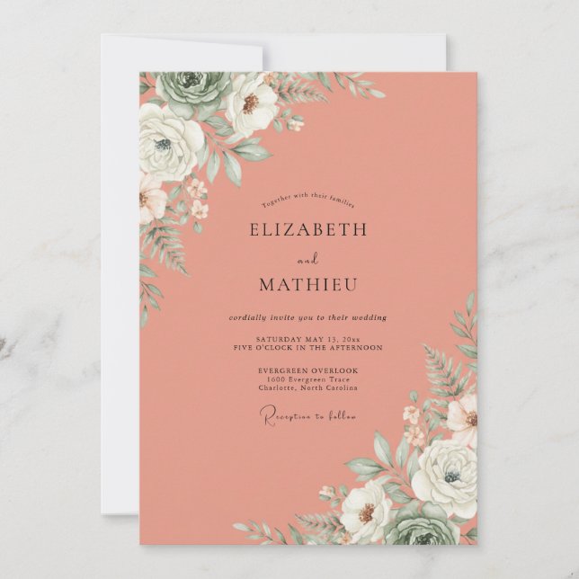Lachsweiße Blütenhochzeit Einladung (Vorderseite)