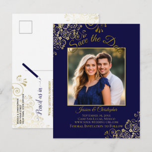 Lackiertes Gold auf Navy Blau Hochzeit Save the Da Ankündigungspostkarte