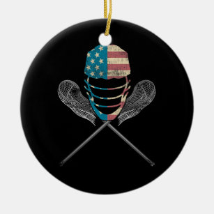 Lacrosse American Flag Lax Helmet and Stick Keramik Ornament