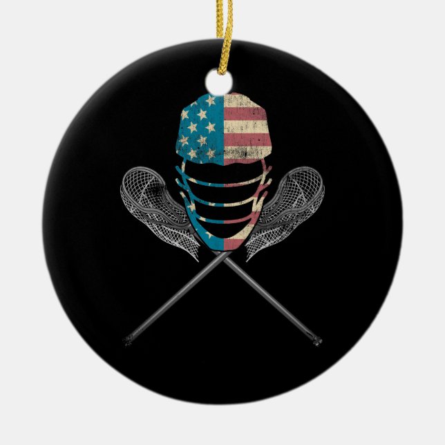 Lacrosse American Flag Lax Helmet and Stick Keramik Ornament (Vorne)