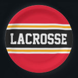 LACROSSE Bright Red Black Yellow Racing Stripes Pappteller<br><div class="desc">Dieses sportliche,  sportliche Design zeichnet sich durch feinen LACROSSE-Text in einem farbig hervorgehobenen breiten schwarzen Streifen mit doppelweißen und gelben Rennstreifen und leuchtend roten hintergrundgelben Streifen aus. Der Text in diesem Design kann personalisiert sein.</div>