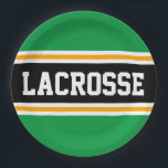 LACROSSE Hellgrüne, schwarz-gelbe Racing Streifen Pappteller<br><div class="desc">Dieses sportliche,  sportliche Design zeichnet sich durch feinen LACROSSE-Text in einem farbig hervorgehobenen breiten schwarzen Streifen mit doppelweißen und gelben Rennstreifen und leuchtend grünen Streifen aus. Der Text in diesem Design kann personalisiert sein.</div>