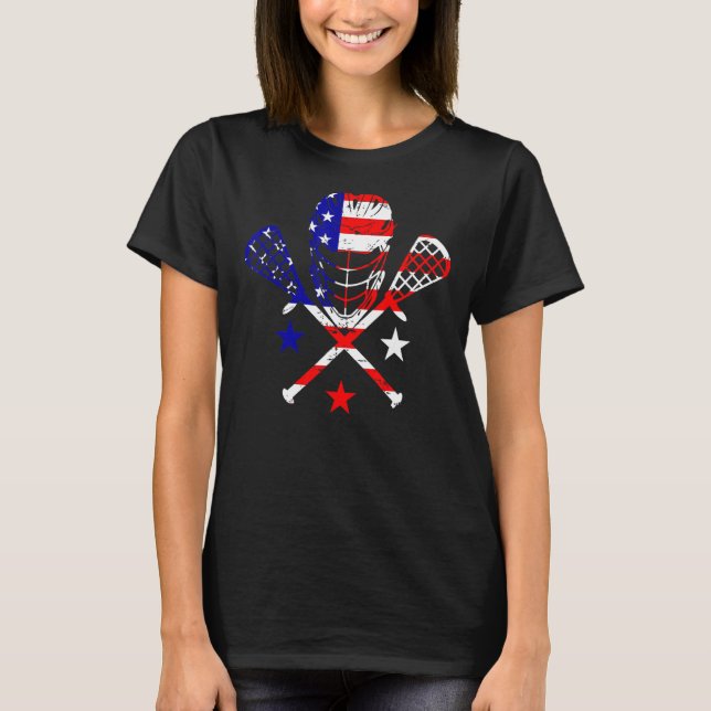 Lacrosse Helmet hält amerikanische Flagge 4. Juli  T-Shirt (Vorderseite)