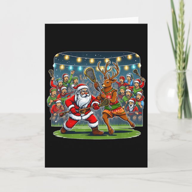 Lacrosse Player Christmas Santa Reindeer Playing L Karte (Vorderseite)
