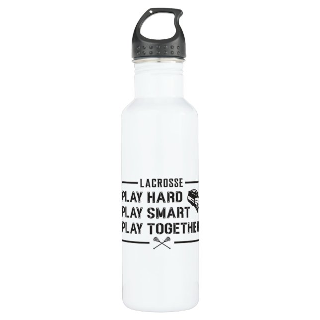 Lacrosse Player Play Hard Play Smart Team Geschenk Edelstahlflasche (Vorderseite)
