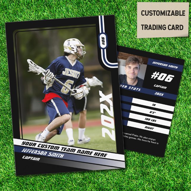 Lacrosse Player Trading Card in Black Blue Telefonnummerkarte (Lacrosse Player Trading Card in Black with Custom Team Name and Blue White Elements)