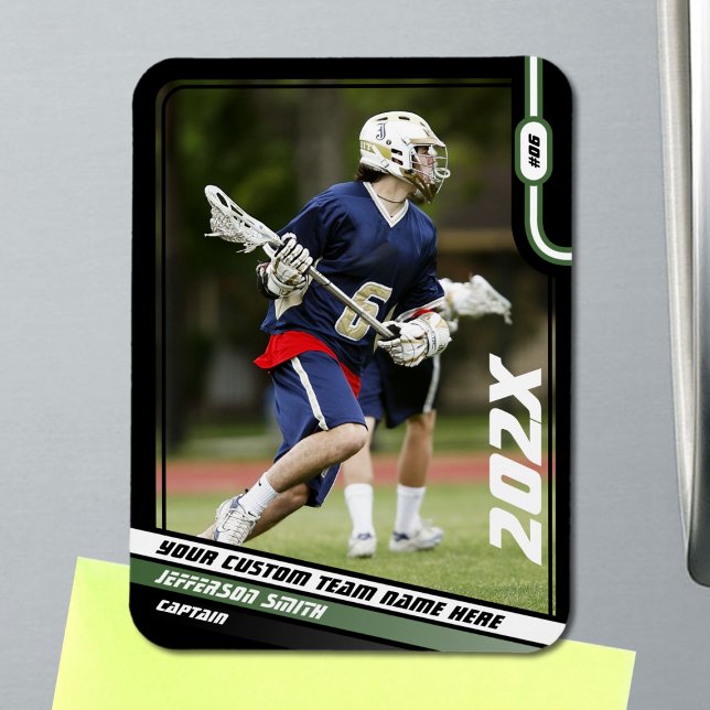 Lacrosse Player Trading Card in Black Green Magnet (Lacrosse Player Magnet in Black with Custom Team Name and Green White Elements)
