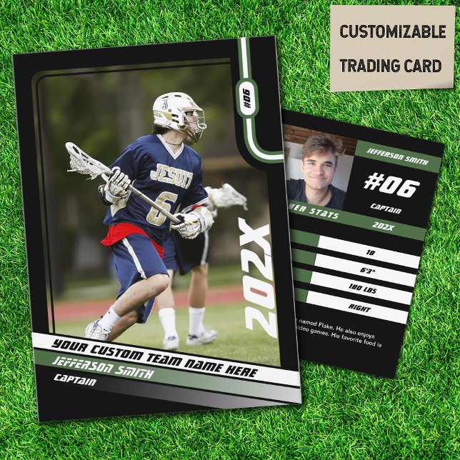 Lacrosse Player Trading Card in Black Green Telefonnummerkarte (Lacrosse Player Trading Card in Black with Custom Team Name and Green White Elements)
