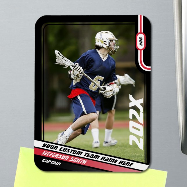Lacrosse Player Trading Card in Schwarz Rot Magnet (Lacrosse Player Magnet in Black with Custom Team Name and Red White Elements)