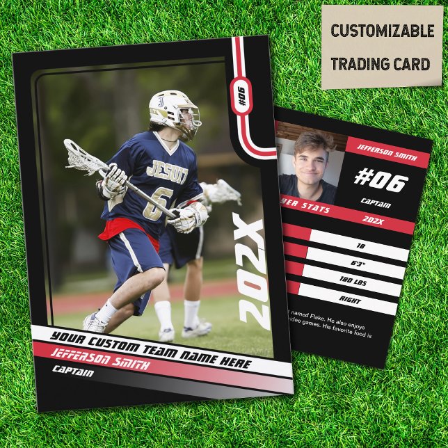 Lacrosse Player Trading Card in Schwarz Rot Telefonnummerkarte (Lacrosse Player Trading Card in Black with Custom Team Name and Red White Elements)