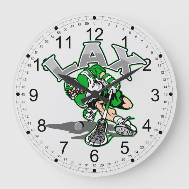 Lacrosse-Spieler-Grün-Uniform Große Wanduhr (Vorderseite)