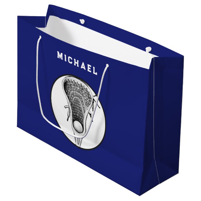 Lacrosse Sports Blue Grosse Geschenktasche Große Geschenktüte (Vorderseite Schrägansicht)