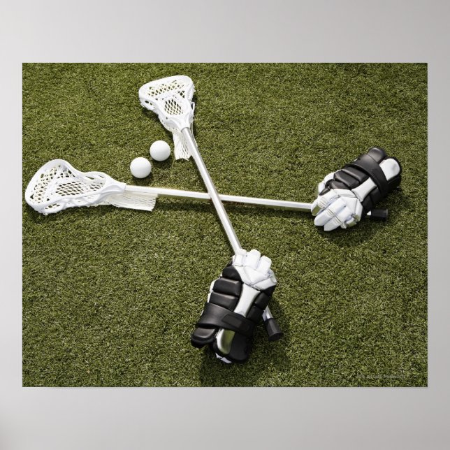 Lacrosse Sticks, Handschuhe und Bälle auf künstlic Poster (Vorne)