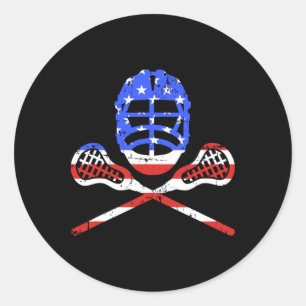 Lacrosse Sticks und Helm mit amerikanischer Flagge Runder Aufkleber