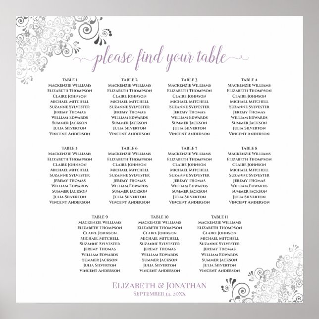 Lacy 11 Table Wedding Seating Chart Lavendel Weiß Poster (Vorne)